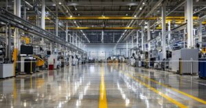 High-gloss industrial floor coating in a manufacturing facility to protect concrete floors from chemical exposure and heavy equipment.