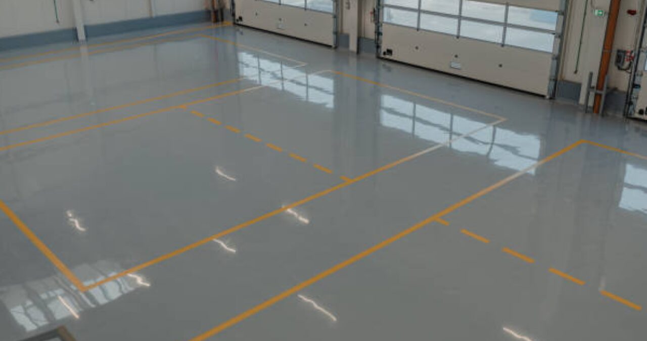 A newly applied, seamless Resinous Flooring system with clear safety markings in a commercial warehouse.