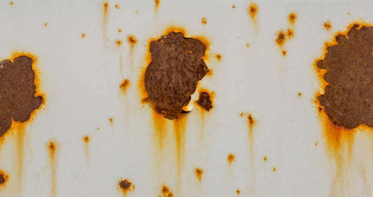 Close-up of heavy rust spots on a white metal surface showing common areas needing Ways to Remove Rust and Stains
