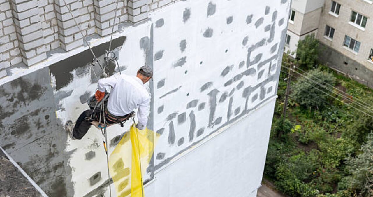 Commercial painter using proper surface preparation techniques to prevent paint failure on high-rise building exterior