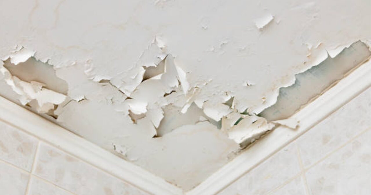 Peeling ceiling paint caused by high humidity showing why proper surface prep helps prevent paint failure