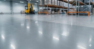 Smooth gray epoxy floor coatings inside a large warehouse with a yellow forklift and industrial shelving in the background