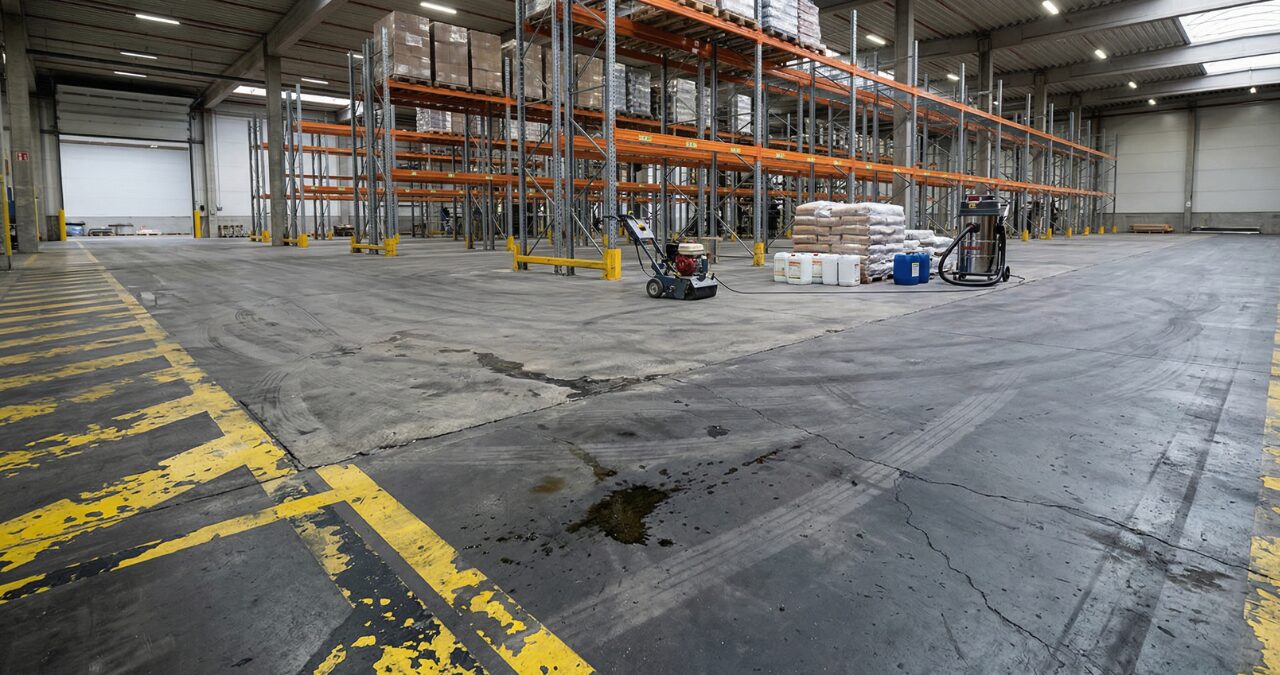 Worn warehouse concrete floor being prepared for industrial floor coatings, showing cracks, peeling markings, and surface grinding equipment