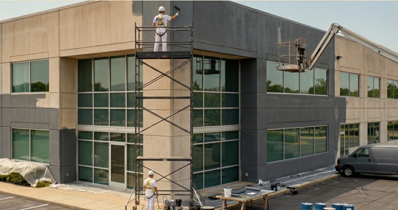 Commercial painters on scaffolding painting the exterior of a multi-story office building — Southeast Painters demonstrates how to minimize downtime on a commercial painting project with professional crew coordination and equipment.