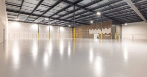 A massive, empty commercial warehouse showcasing a freshly completed, high-gloss light gray epoxy floor coating reflecting overhead lighting.